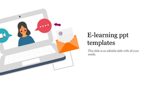 E-learning concept with a laptop, speech bubbles, and an email icon on a white background.
