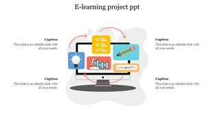 E learning project slide featuring a computer screen with icons for ideas, books, checklists, and writing tools with caption.