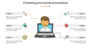 Online learning slide with illustrated student character on screen, and six icons connected by colored lines.