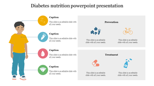 Illustration of a person with four labeled captions and two gray text boxes featuring diabetes themed icons.