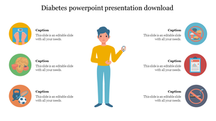 Diabetes slide with a central figure holding a glucose meter, surrounded by six circular icons representing health factors.
