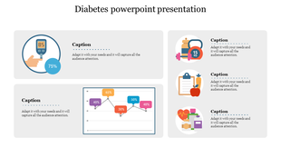 Diabetes slide featuring a glucose meter, a data graph with percentages, and various icons with captions.