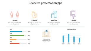 Diabetes-themed slide with elements like icons for medical concepts and data charts to represent trends and statistics.