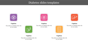 Diabetes PPT template featuring colorful icons for various health related topics, such as vision, kidneys, and medication.
