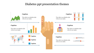 Hand with blood droplets, surrounded by various diabetes-related graphics, including insulin syringes and glucose indicators.