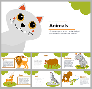 A pack of colorful animal slides featuring a cute cartoon animal illustration with text description.