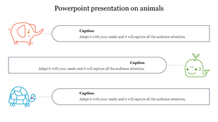 Three animal sketches linked to speech bubble style text boxes, forming a playful layout for a presentation on animals.