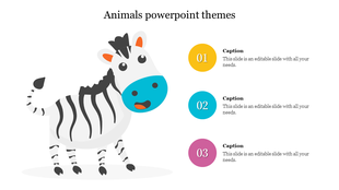 Zebra illustration with a bright blue mouth is paired with three circular, numbered text bubbles in yellow, blue, and purple.