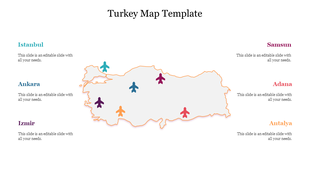 Turkey map with six cities marked by airplane icons, including Istanbul and Antalya, with caption areas.