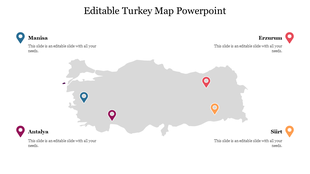Gray map of Turkey with four colorful location markers in blue, pink, orange, and red, each labeled with different cities.