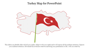 Turkey map with a red flag featuring the crescent and star, placed within the country's outline.