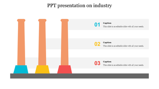 Industrial slide with three orange chimneys featuring colored bases in blue, yellow, and red, and numbered captions.