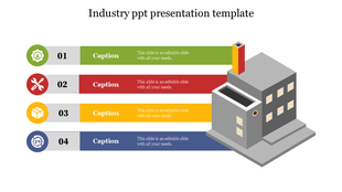 Industrial-themed slide with four horizontal captions in green, red, yellow, and blue beside a 3D factory illustration.