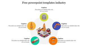 Industrial slide with an oil rig, surrounded by icons of a tank, truck, tower, and crane, each with a caption areas.