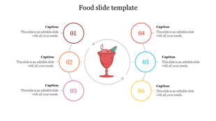 A food PPT slide with a drink illustration in the center and numbered sections for text on a white backdrop.