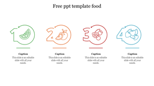 Four numbered outlines in green, orange, red, and blue featuring food icons like fruits, each paired with captions below.