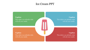 PowerPoint template with an ice cream design featuring four colorful sections with captions on a white backdrop.