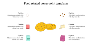 Food themed layout with illustration of cookies in the center, surrounded by six baking ingredients with icons ans captions.