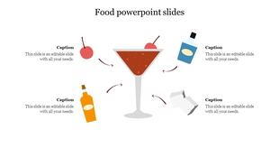 Food and drink themed slide showing a martini glass, with cherries, liquor bottles, and ice cubes arranged around it.