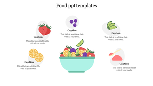 Food template with a large bowl of fruit in the center and icons of fruits like lemon, berry, kiwi, and jam surrounding it.