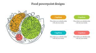 Food PowerPoint template featuring a salad bowl with colorful vegetables and fruit with captions on a white backdrop.
