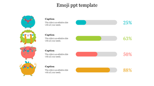 Emoji slide with four colorful icons and horizontal progress bars in blue, green, red, and yellow alongside percentages.