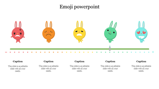 Emoji PowerPoint template with bunnies displaying different emotions and a colorful scale with captions on a white backdrop.