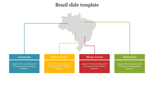 Gray map of Brazil with blue, yellow, red, and green text boxes linked to specific locations by thin arrows.