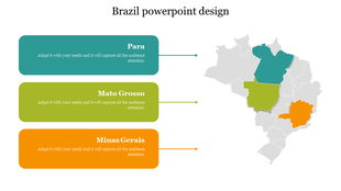 Three regions on a gray Brazil map highlighted in teal, green, and orange, each linked to labeled description boxes.