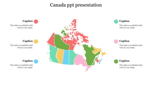 Canada map infographic with labeled regions in varied colors, six round color indicators connected to caption areas.