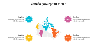 Map of Canada with provinces in colors, surrounded by four circular percentage captions in pink, orange, yellow, and blue.