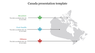 Canada map with pinpoint lines connecting Resolute, Fort Smith, and Ottawa to colored maple leaf icons and side captions.