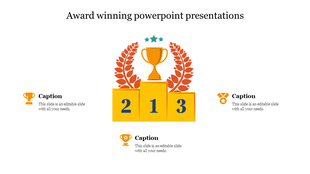 Yellow podium with trophy and laurel wreath, numbered 1, 2, and 3, representing award winning achievements.
