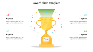 Award slide featuring a gold trophy in the center with numbered captions on either side for adding custom text.