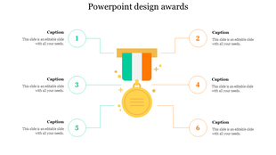 PowerPoint slide showcasing design awards with a gold medal and colorful ribbon, accompanied by caption placeholders.