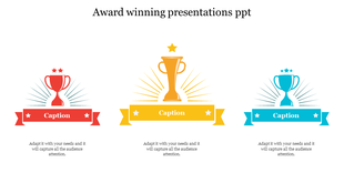 Award winning slide with three trophy icons in red, yellow, and blue each with a caption below.