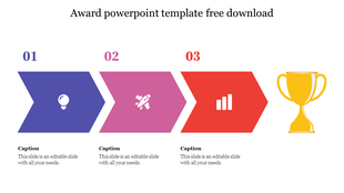  Award slide with three colored hexagons, each containing an icon, and a trophy symbolizing success at the end.