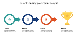 Sequence of teal, blue, and orange circles with icons, leading to a yellow trophy icon symbolizing success.