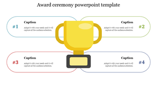 Award themed layout with a large yellow trophy in the middle and four text blocks arranged around it in curved frames.