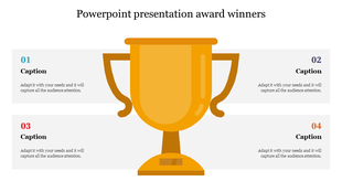 Slide featuring a large gold trophy in the center with four caption sections for award winners names and details.
