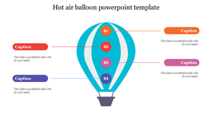 PowerPoint template featuring a hot air balloon with numbered sections and captions on a white backdrop.