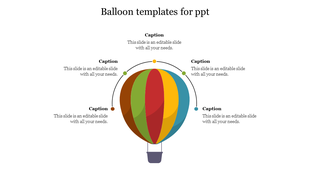 Central balloon graphic with six segments and surrounding labels connected by curved lines to colored dots on each side.
