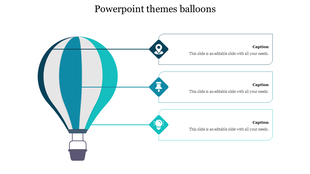 Blue and white hot air balloon with three horizontal lines connecting to icons and text boxes on the right side.