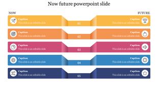 Slide with five gradient banners, each depicting now and future points with icons on colored backgrounds.