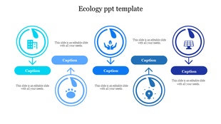 Ecology slide with five blue gradient circular icons and text, forming a connected flowchart on a white background.