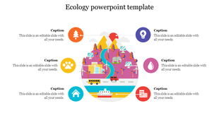 Ecology slide with icons representing nature, animals, and renewable energy surrounding a colorful mountain and cityscape.
