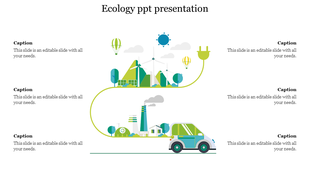 Ecology slide featuring an eco friendly landscape with wind turbines, solar panels, and a green car along with caption areas.