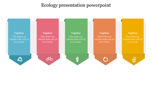 Ecology PowerPoint slide with five colorful banners featuring icons each with captions.
