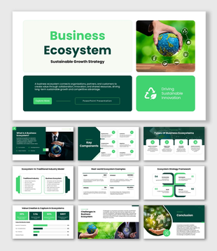 Circular business ecosystem diagram with six colorful placeholders text areas around a central label.