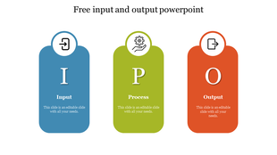 Illustration of input, process, and output slide stages in a colorful layout with icons and placeholder text.